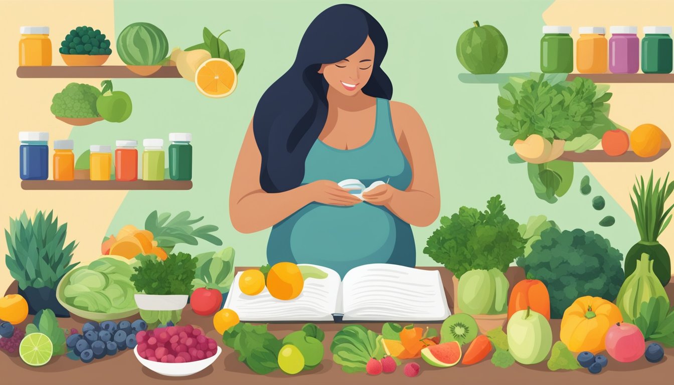 A pregnant woman researching spirulina supplements, surrounded by fruits, vegetables, and a variety of alternative dietary options