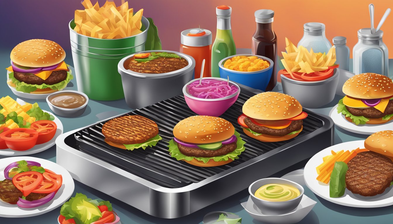 A sizzling grill loaded with a variety of juicy, gourmet burgers, surrounded by a colorful array of fresh toppings and condiments