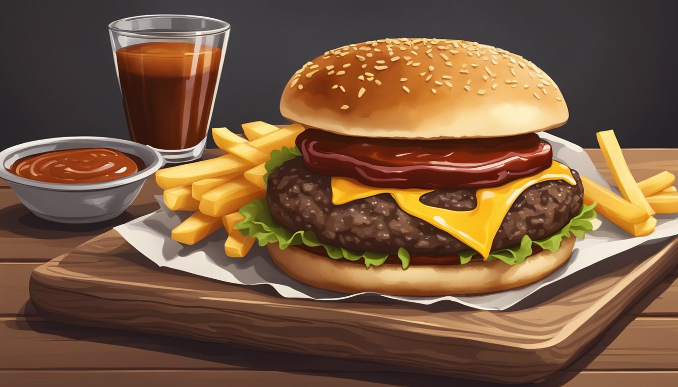 A juicy cheeseburger topped with barbecue sauce and served with a side of fries on a rustic wooden table