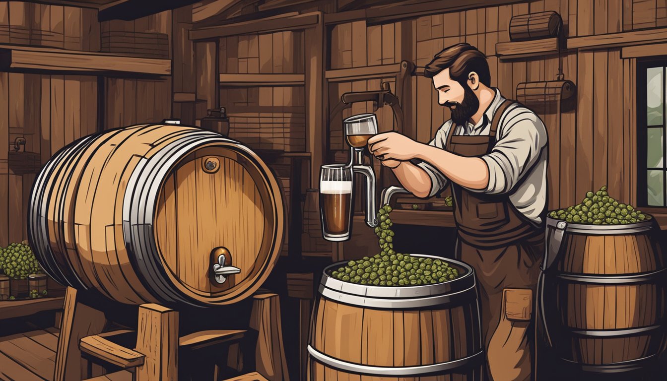 A rustic brewery scene with barrels, hops, and brewing equipment. A bartender pours a dark, rich Pecan Porter into a glass for a customer