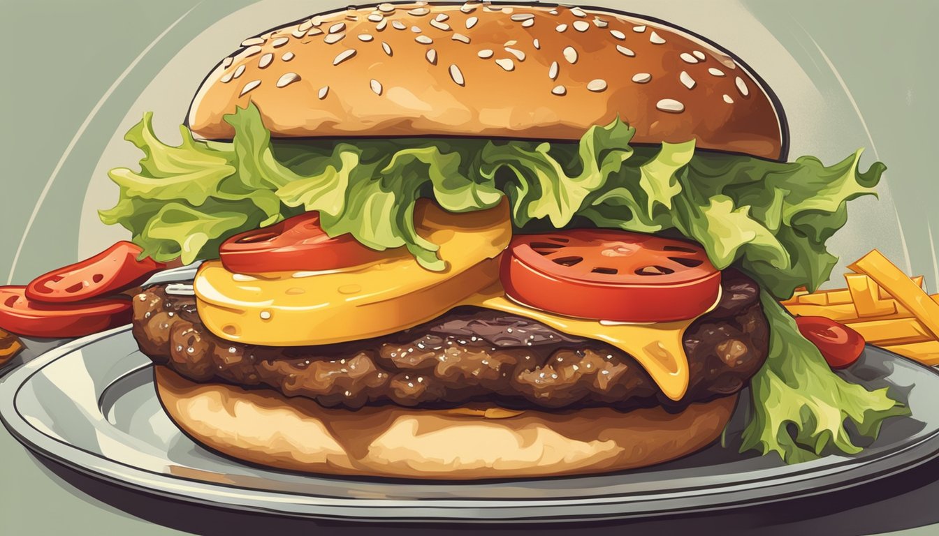 A sizzling grill cooks up a juicy burger topped with melted cheese, fresh lettuce, and a perfectly toasted bun. Surrounding the burger are vibrant, fresh ingredients including tomatoes, onions, and pickles