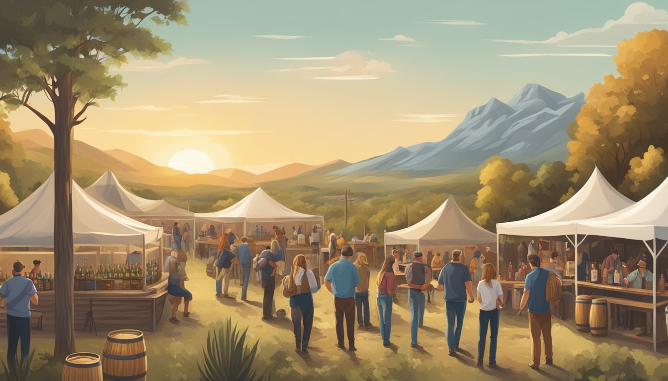 A rustic outdoor beer festival showcasing 10 Texan craft breweries with unique and untamed brews, surrounded by a natural, wild landscape