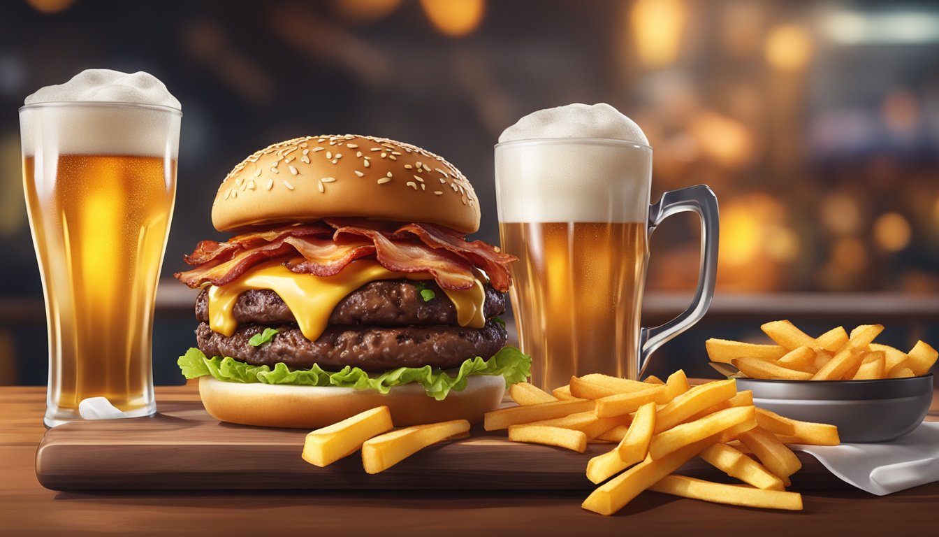 A sizzling burger topped with spicy diablo sauce, melting cheese, and crispy bacon, surrounded by a pile of golden fries and a frosty mug of beer