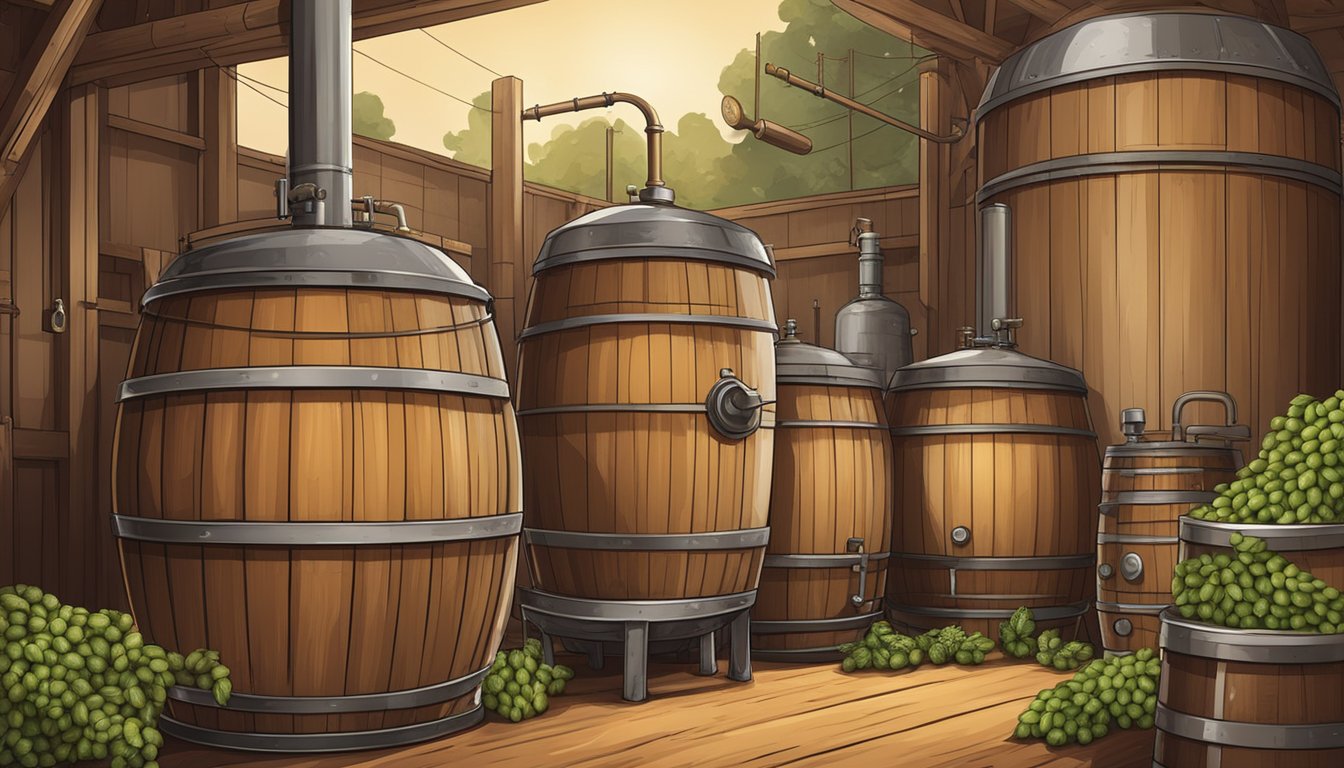 A rustic brewery scene with barrels, hops, and fermenting tanks. A mix of traditional and experimental equipment and ingredients