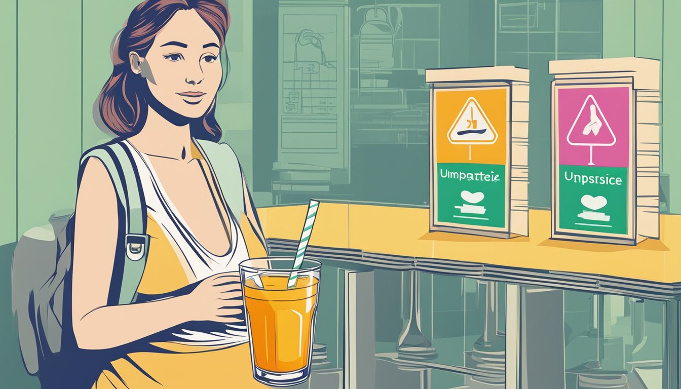 A glass of unpasteurized juice next to a warning sign with a pregnant woman symbol crossed out