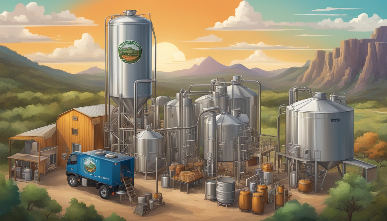 A vibrant array of wild brewing equipment and ingredients, surrounded by the rugged landscapes of Texas, with 10 craft brewery logos displayed prominently