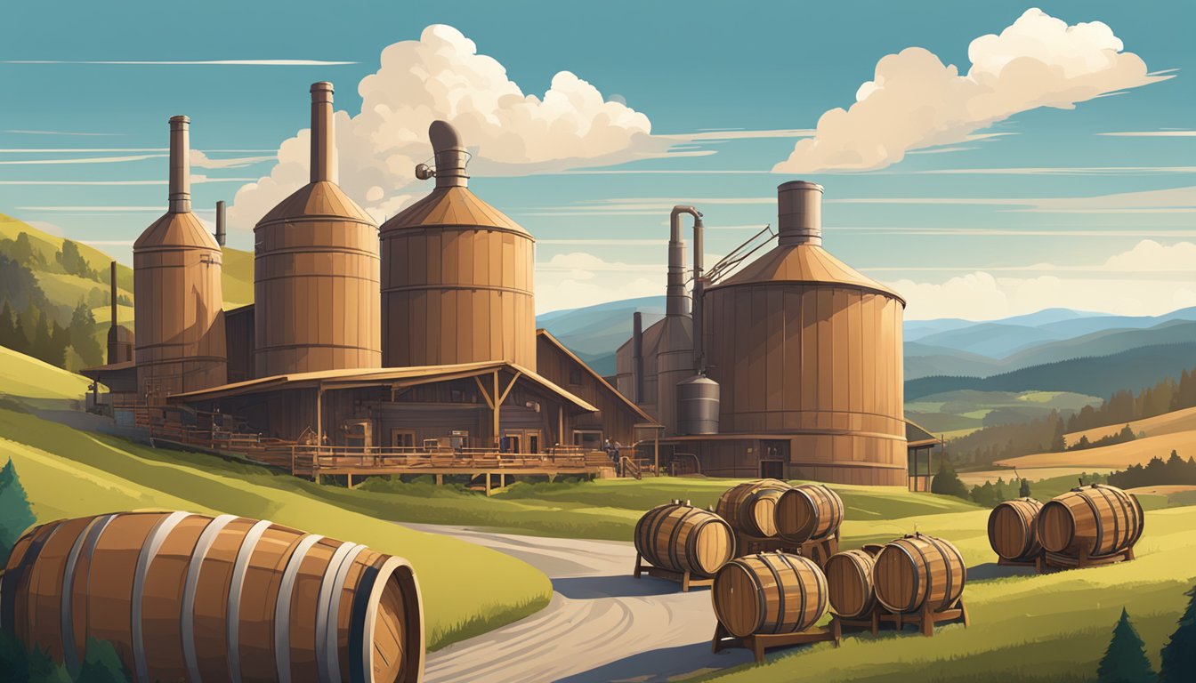 A bustling brewery with copper stills and wooden barrels, surrounded by rolling hills and a clear blue sky