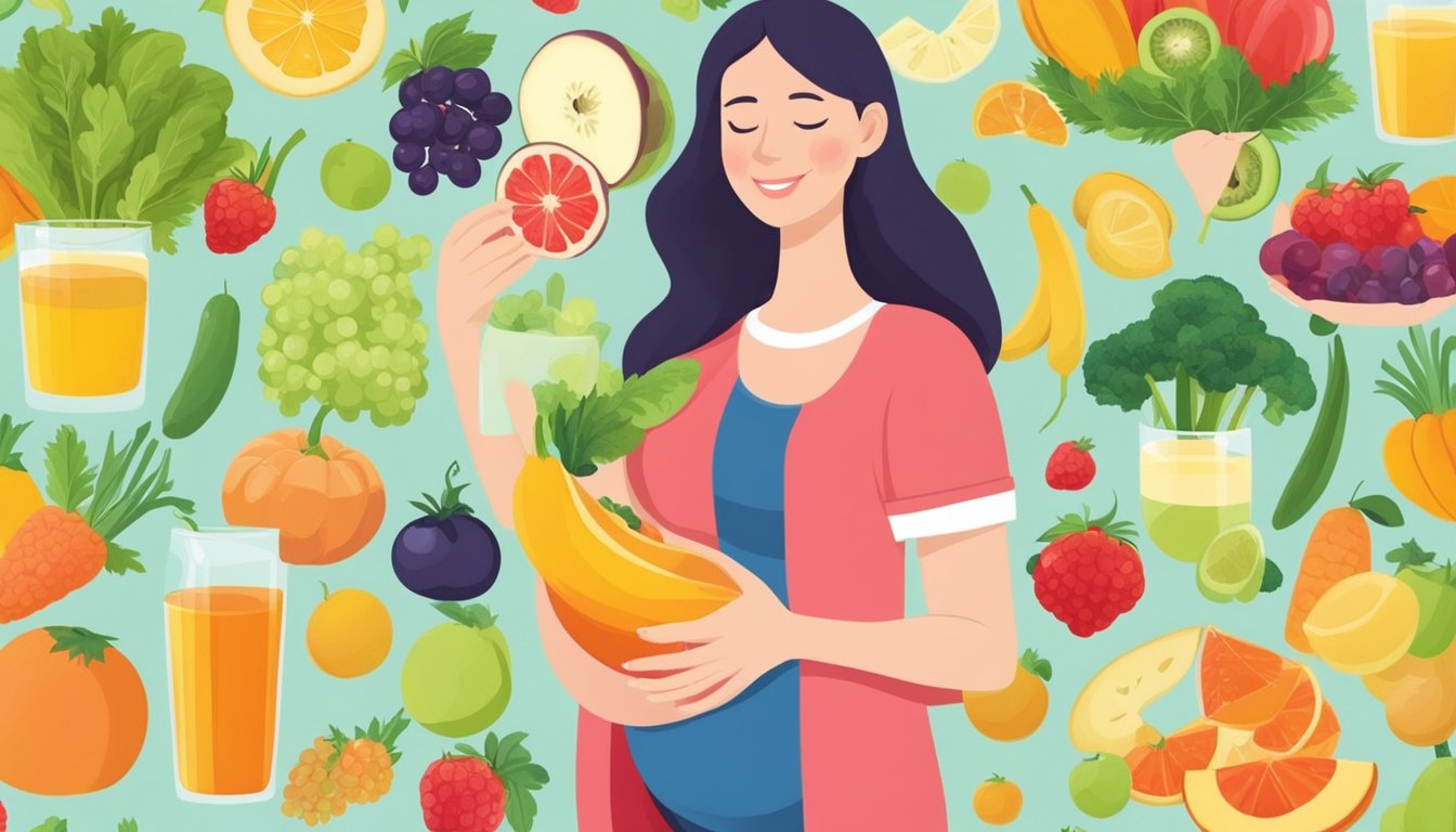 A pregnant woman holding a glass of unpasteurized juice, surrounded by colorful fruits and vegetables