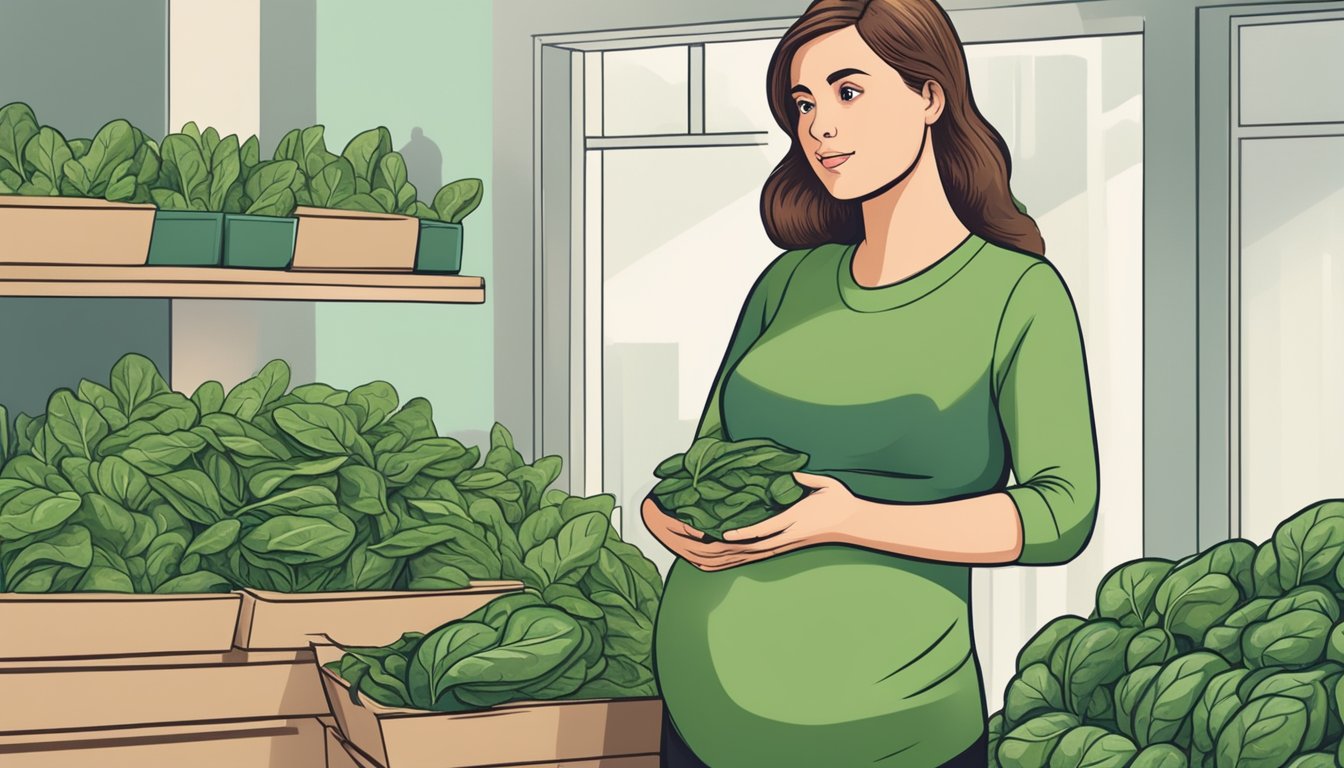 A pregnant woman standing next to a pile of fresh spinach, looking at it with a questioning expression