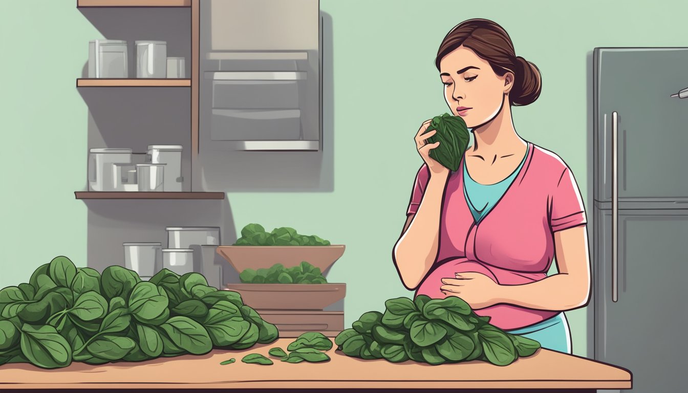 A pregnant woman holding a bunch of fresh spinach, with a concerned expression on her face, looking at a pile of raw spinach on a cutting board