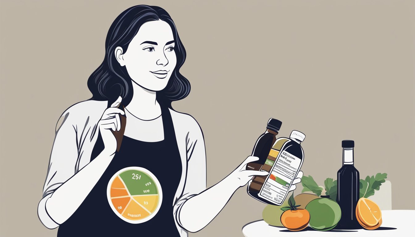 A pregnant woman holding a bottle of balsamic vinegar while looking at a nutrition label with a questioning expression