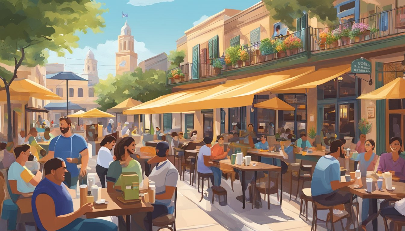 A bustling coffee tour in San Antonio, with diverse coffee shops and enthusiastic patrons enjoying brews in a vibrant atmosphere