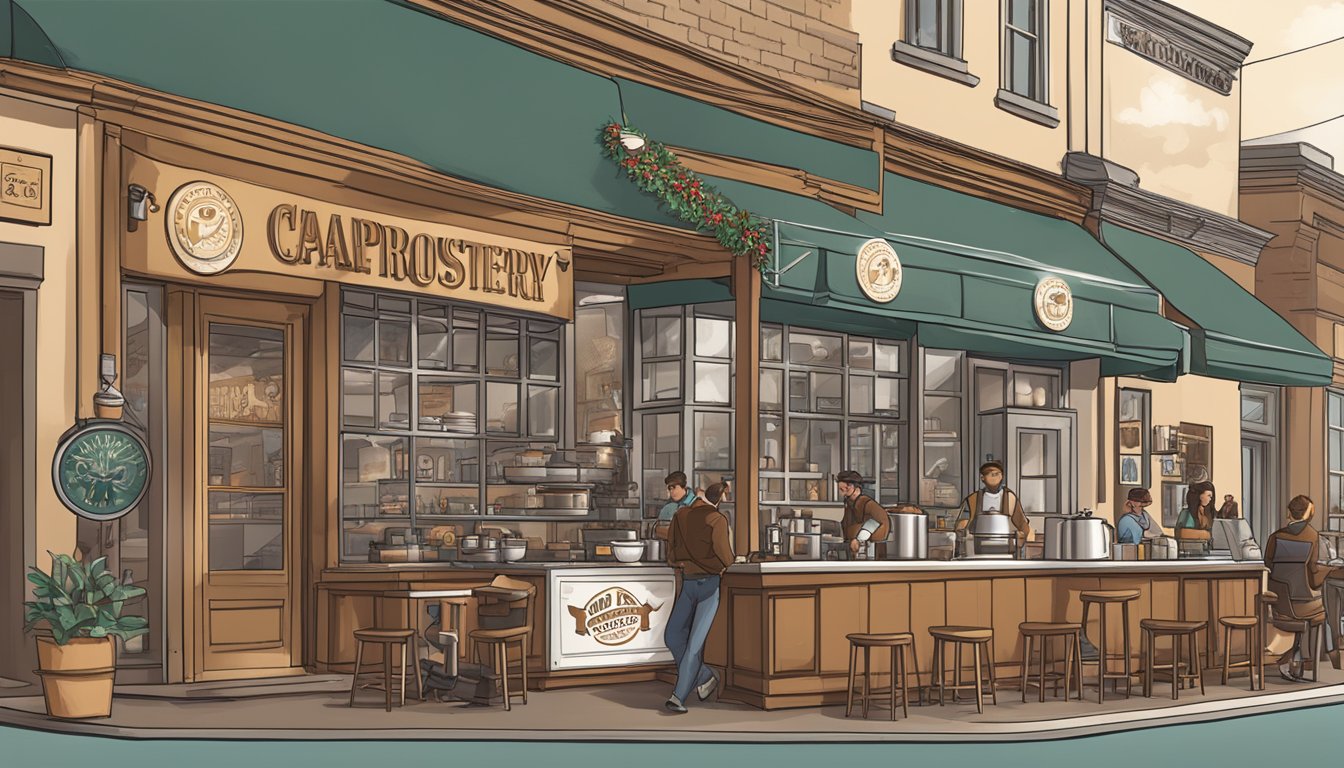 A bustling coffee shop with steaming cappuccinos and a festive atmosphere, featuring Texas roastery logos and a National Coffee Day banner