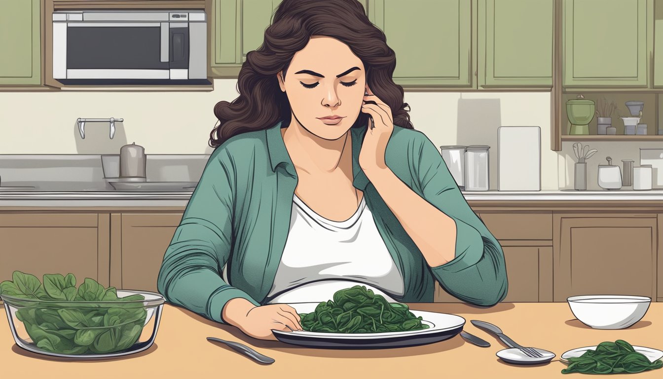 A pregnant woman sitting at a dining table, looking at a plate of raw spinach with a concerned expression on her face