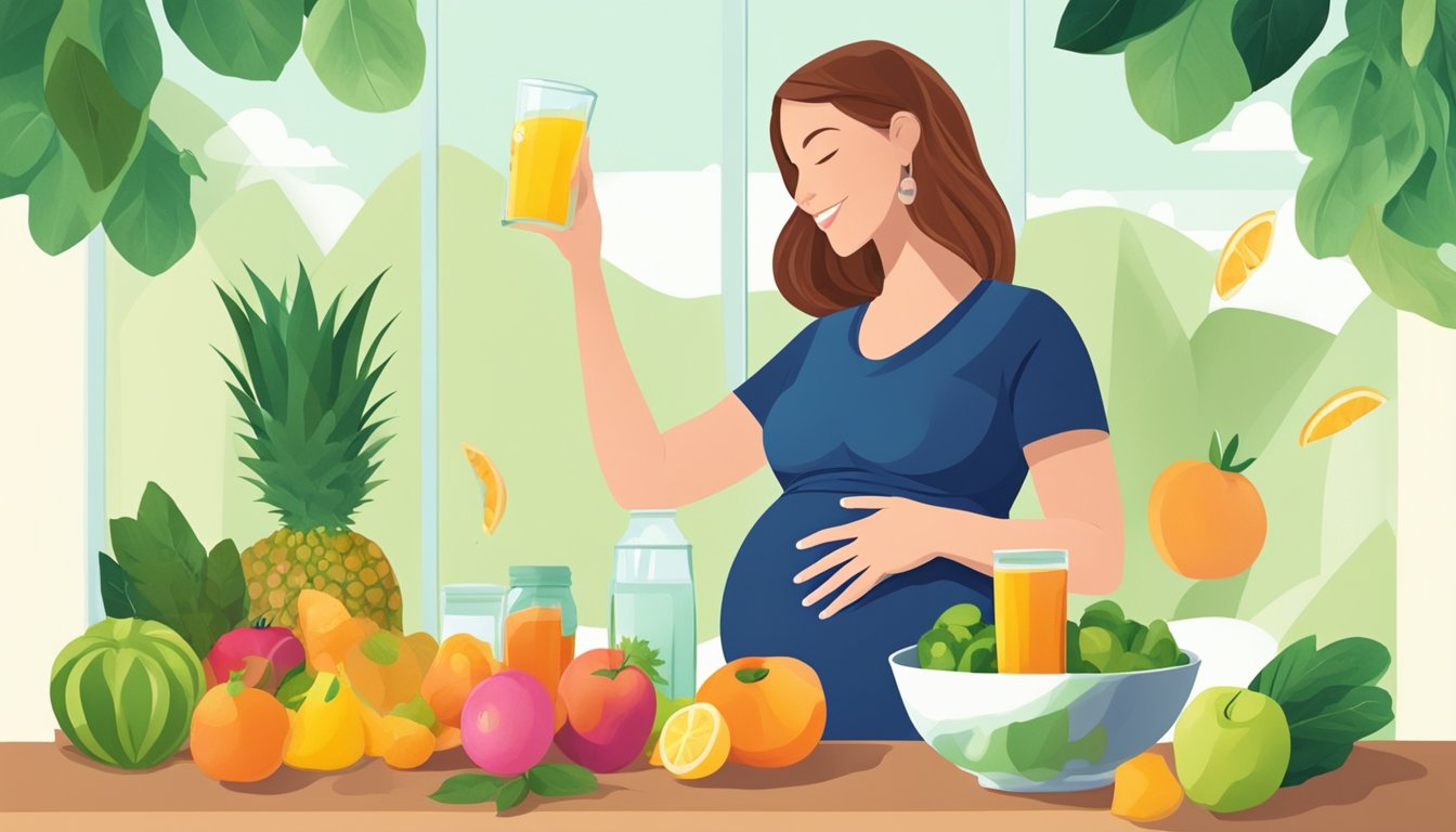 A pregnant woman reaching for a glass of unpasteurized juice while surrounded by vibrant, fresh produce