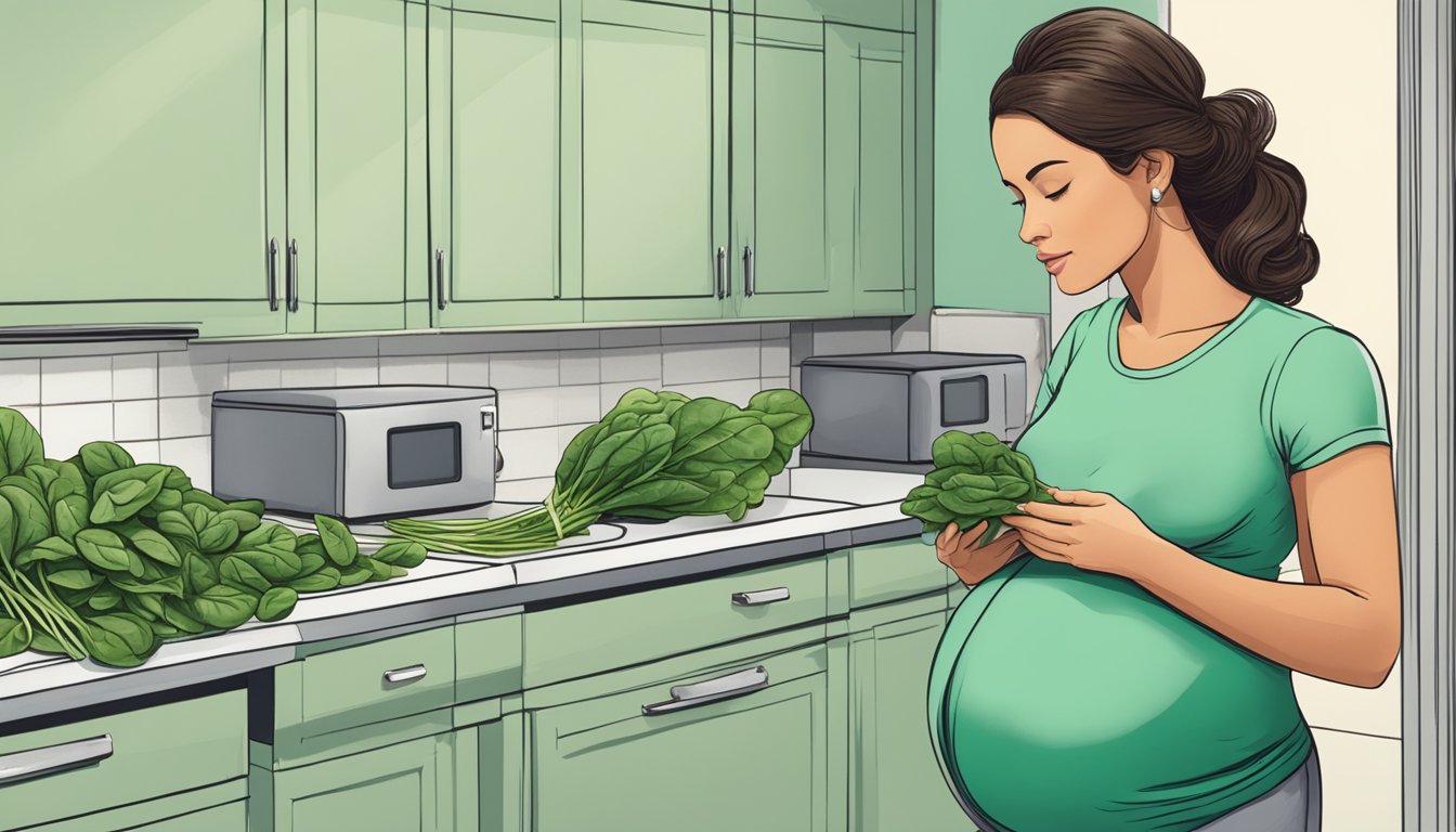 A pregnant woman standing in a kitchen, holding a bunch of fresh spinach and looking at a variety of ways to incorporate it into her diet