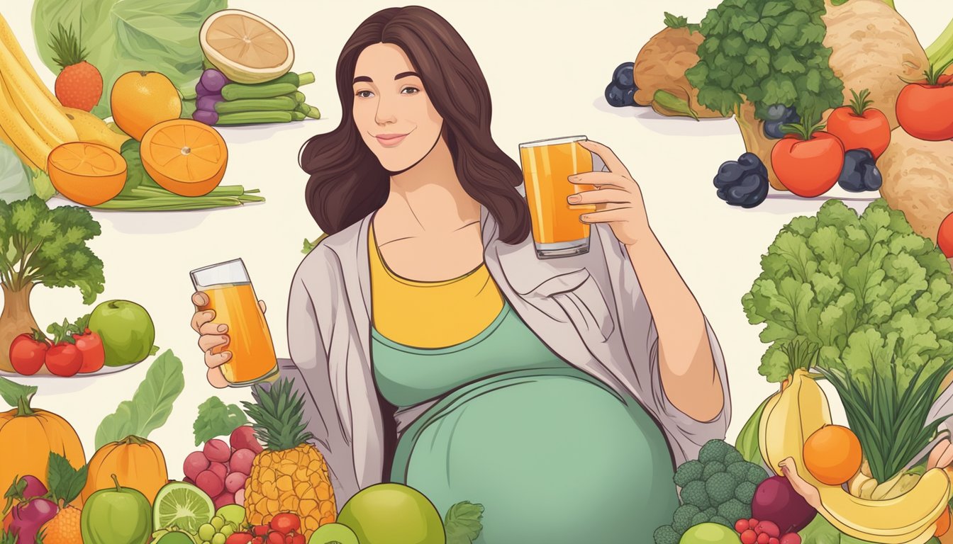 A pregnant woman holding a glass of pasteurized juice while surrounded by various fruits and vegetables