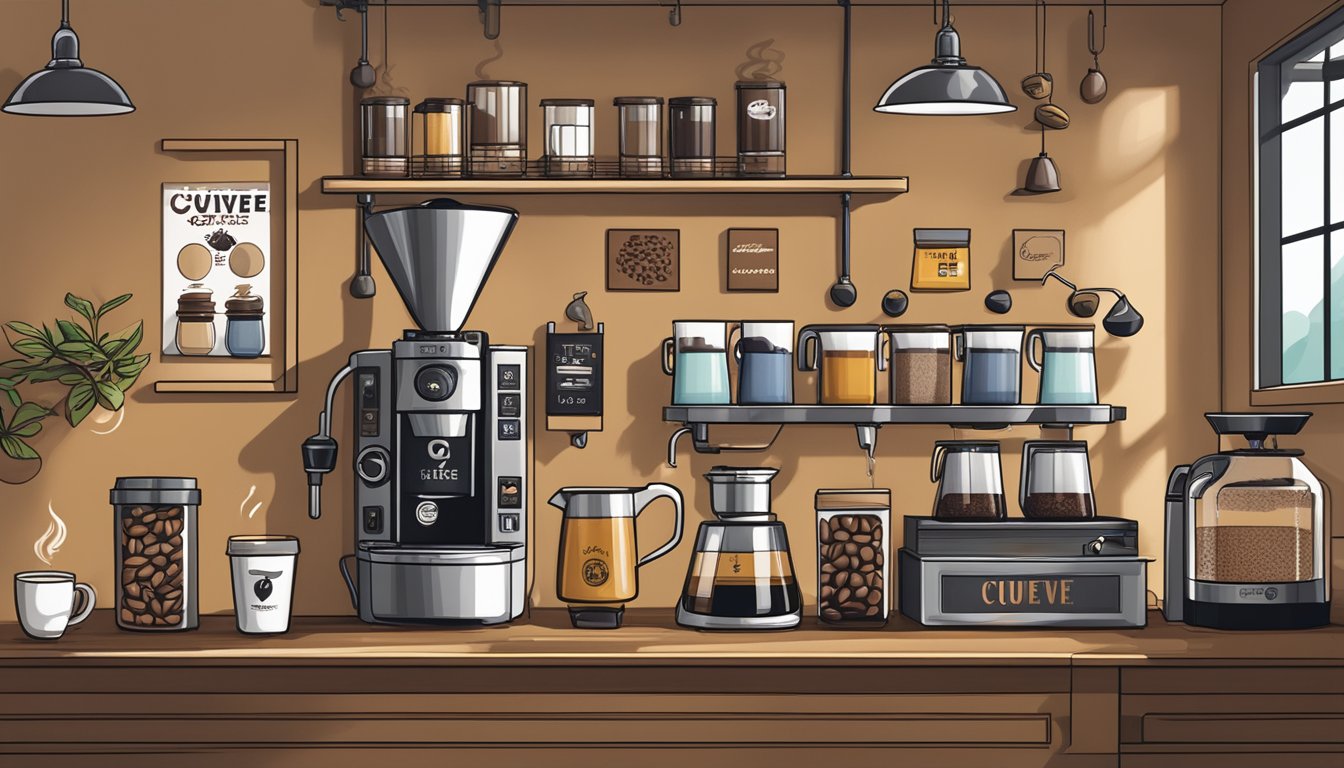 A colorful display of espresso bonbons surrounded by coffee beans and brewing equipment at Cuvee Coffee, with Texas roastery logos on the walls