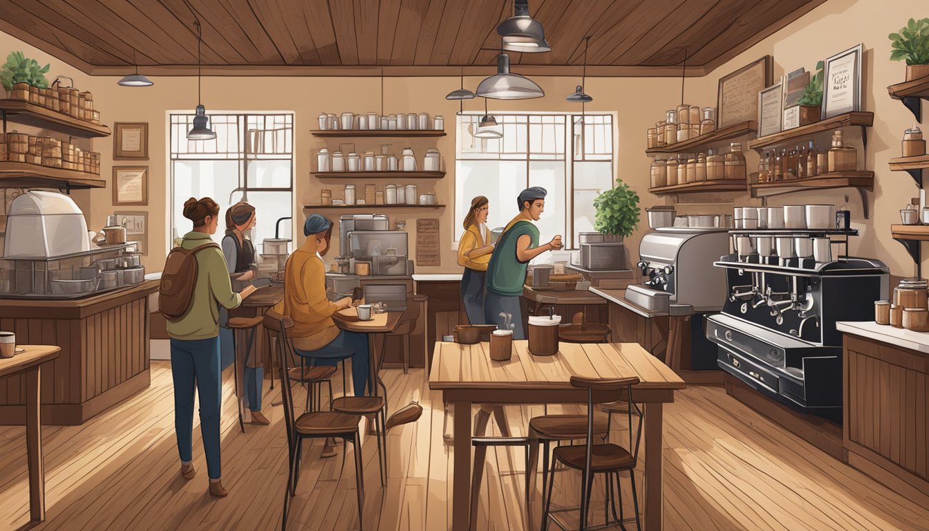 A bustling coffee shop with rustic decor, steaming espresso machines, and shelves of freshly roasted beans. Customers chat over mugs of steaming coffee at wooden tables