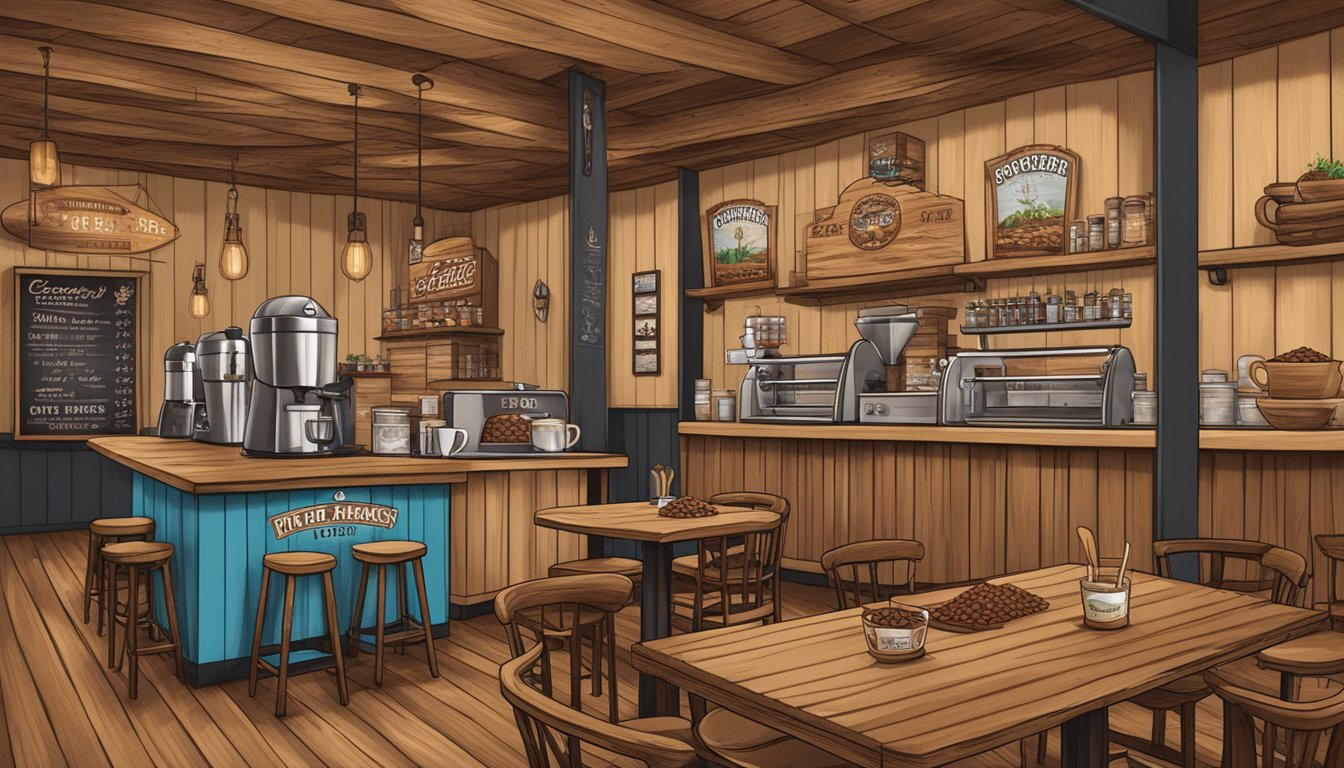 A rustic coffee shop with steaming cups of Texas Pecan Flavored Beans on wooden tables, surrounded by local Texas roasteries' logos