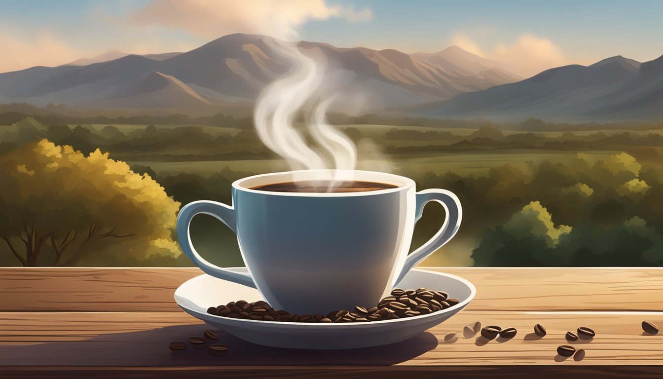 A steaming cup of Organic Light Roast sits on a rustic wooden table, surrounded by coffee beans and a Texas landscape in the background