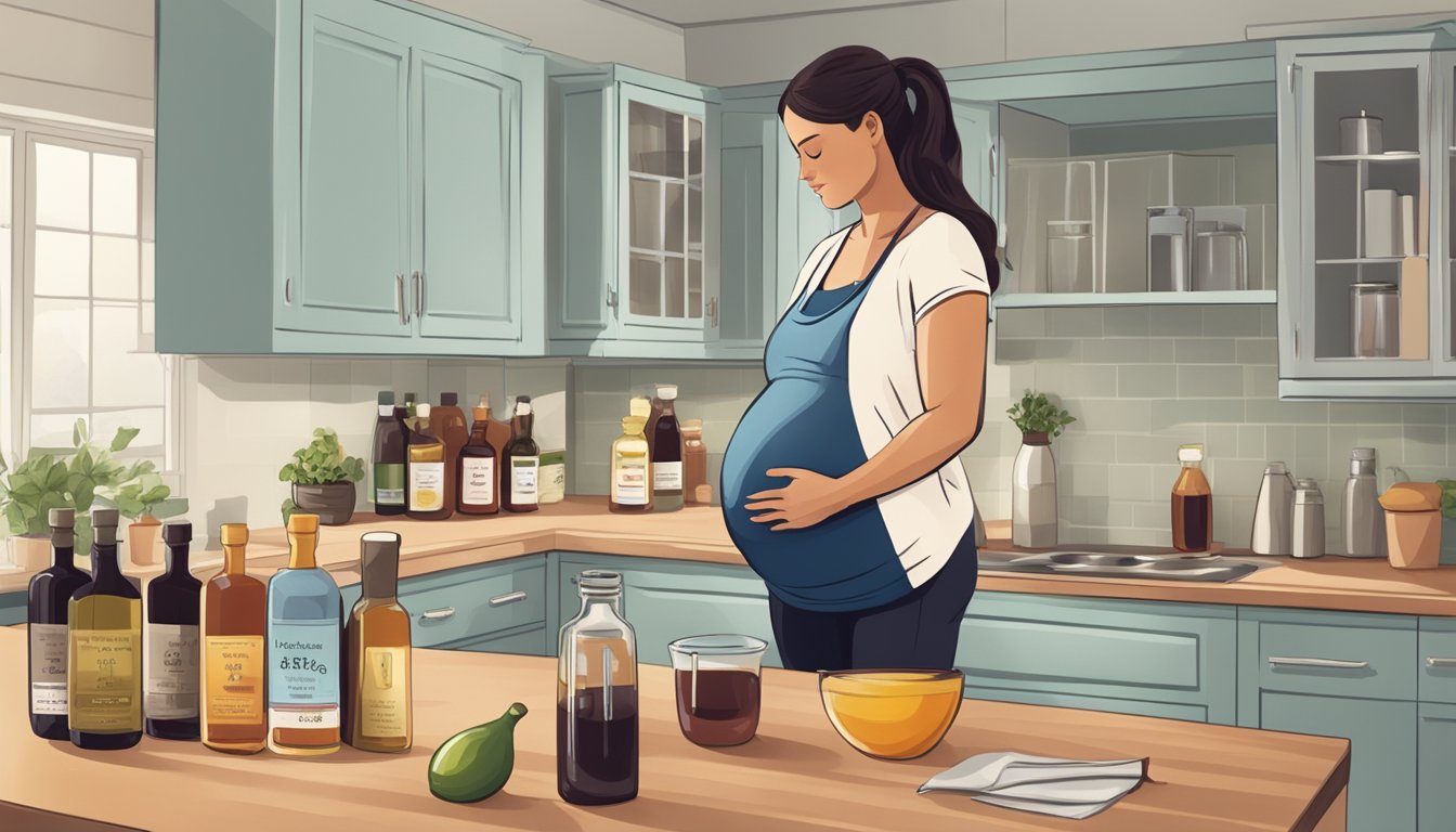 A pregnant woman holding a bottle of balsamic vinegar while looking at a variety of alternative vinegar options on a kitchen counter