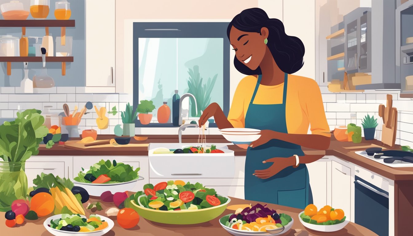 A pregnant woman happily drizzling balsamic vinegar over a colorful salad, surrounded by various dishes and ingredients in a bright, modern kitchen