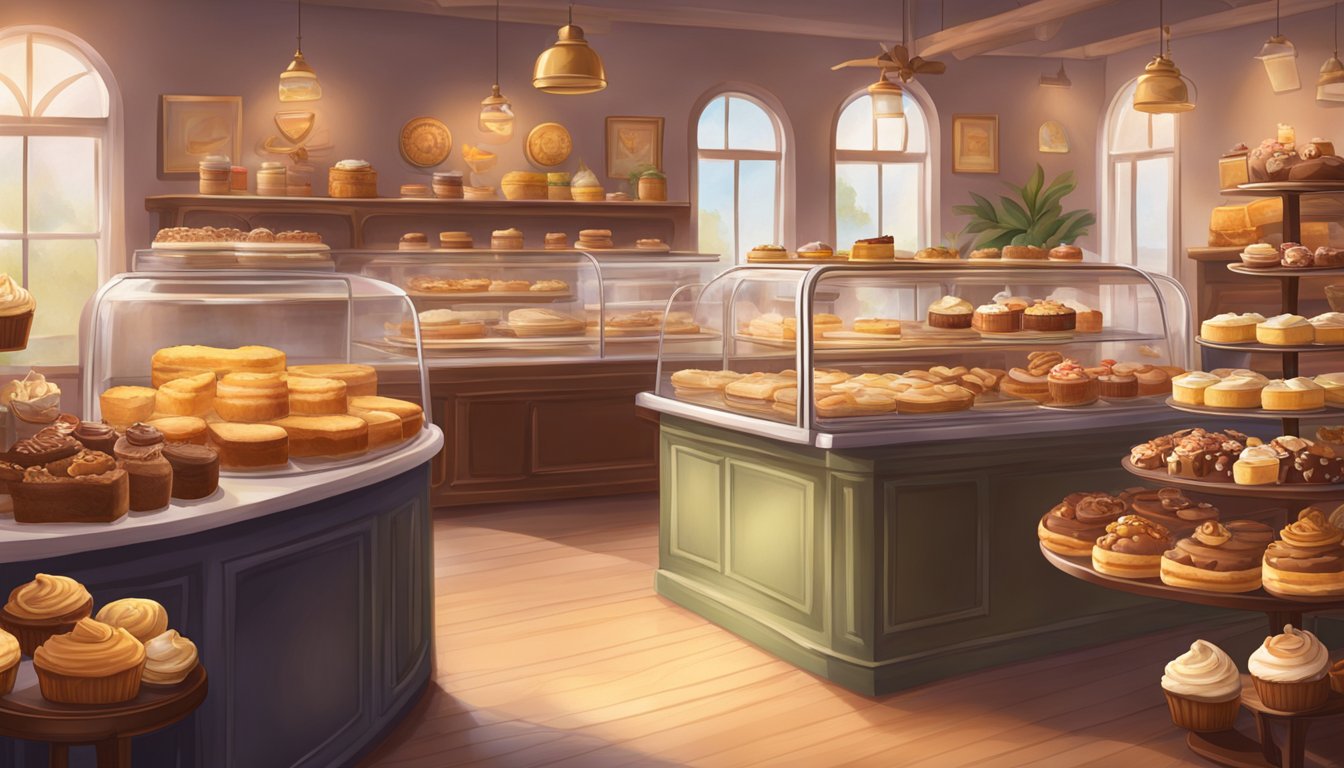 A cozy bakery with an array of rich, indulgent desserts on display, surrounded by warm, inviting decor