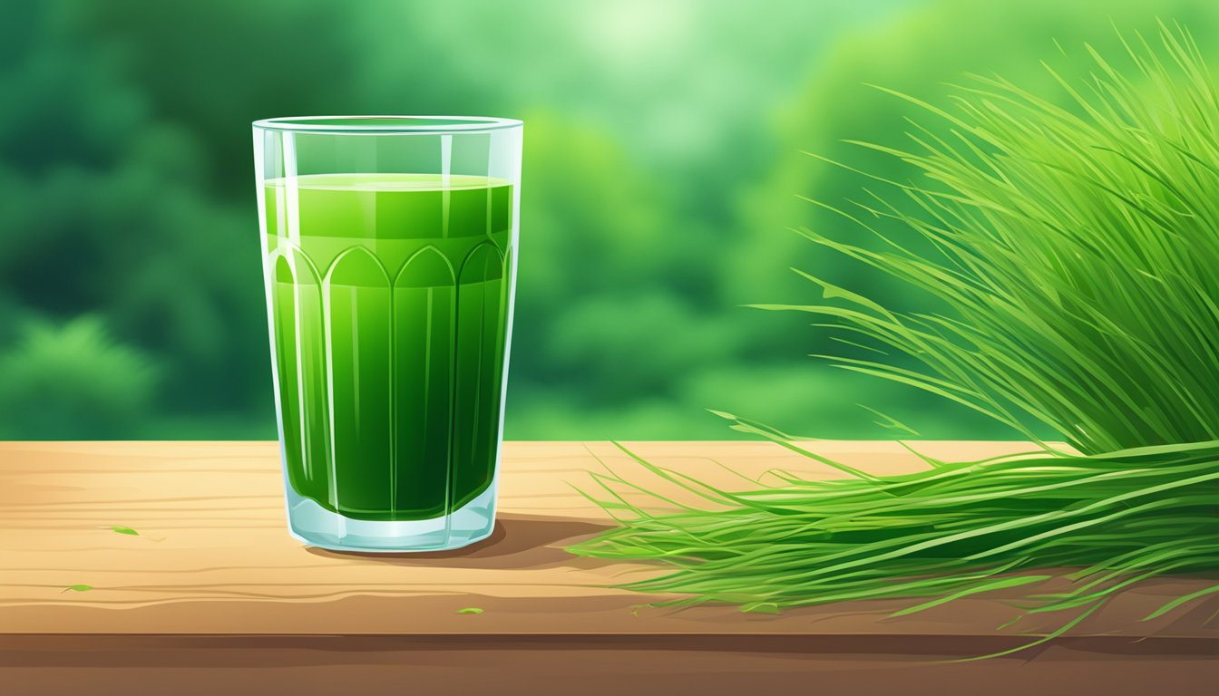 A glass of wheatgrass juice surrounded by vibrant green wheatgrass plants