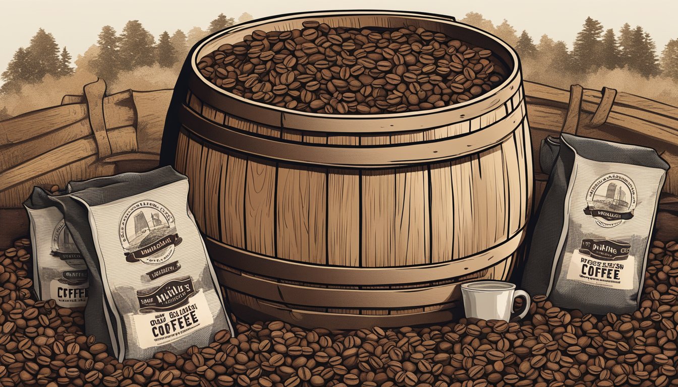 A rustic whiskey barrel filled with bags of Mess Hall Coffee's Rye blend surrounded by various locally roasted coffee beans from Texas