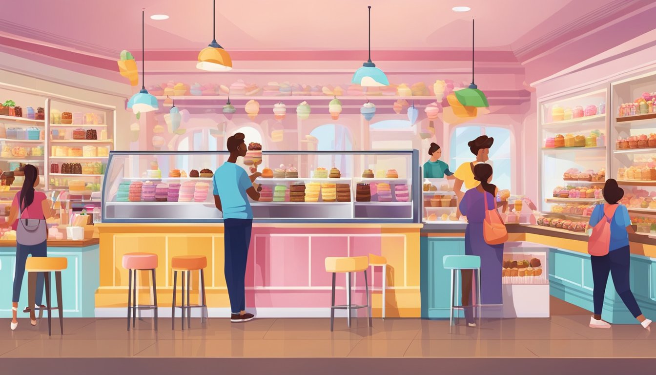 A colorful and bustling ice cream shop with an array of decadent desserts on display, surrounded by happy customers enjoying their sweet treats