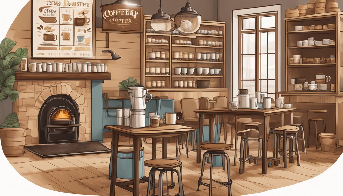 A cozy coffee shop with steaming mugs, coffee beans, and a Texas roastery banner for National Coffee Day celebration