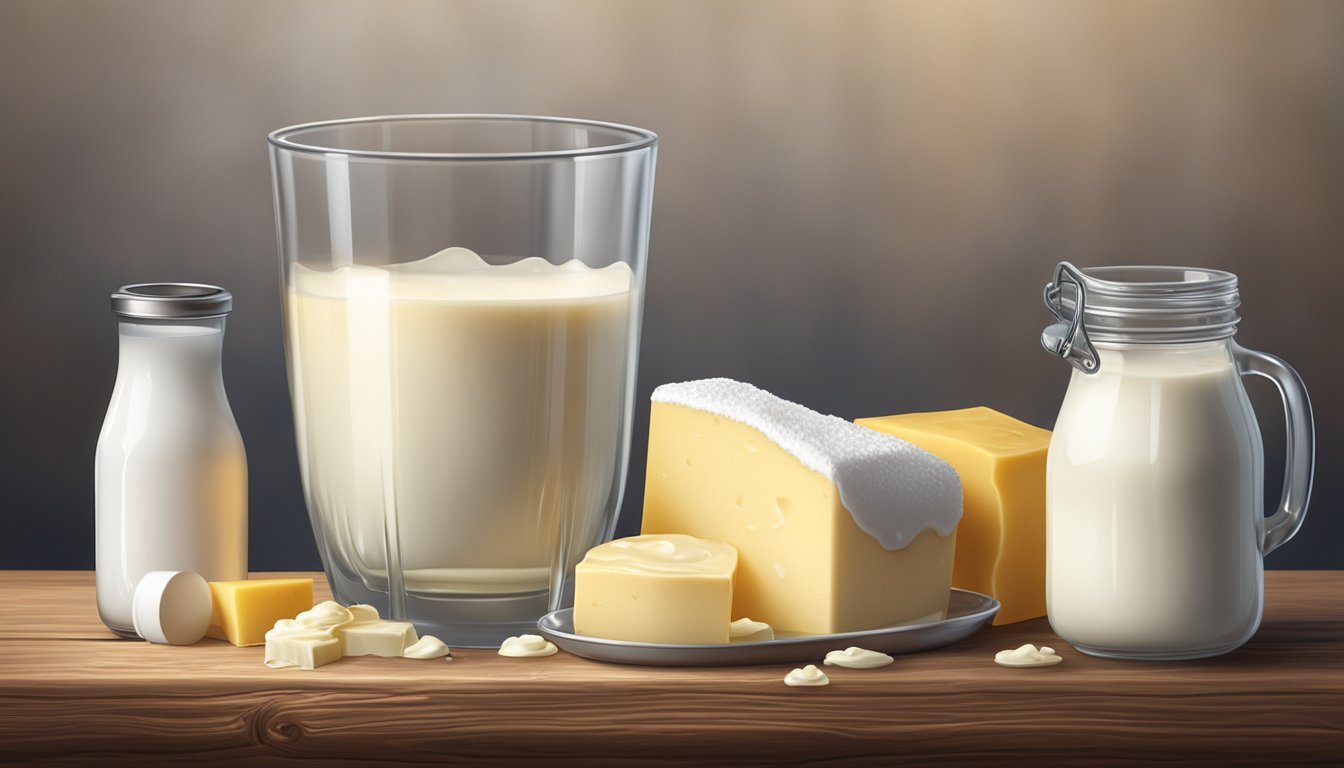 A glass of buttermilk sits on a rustic wooden table, surrounded by fresh dairy products and a safety symbol