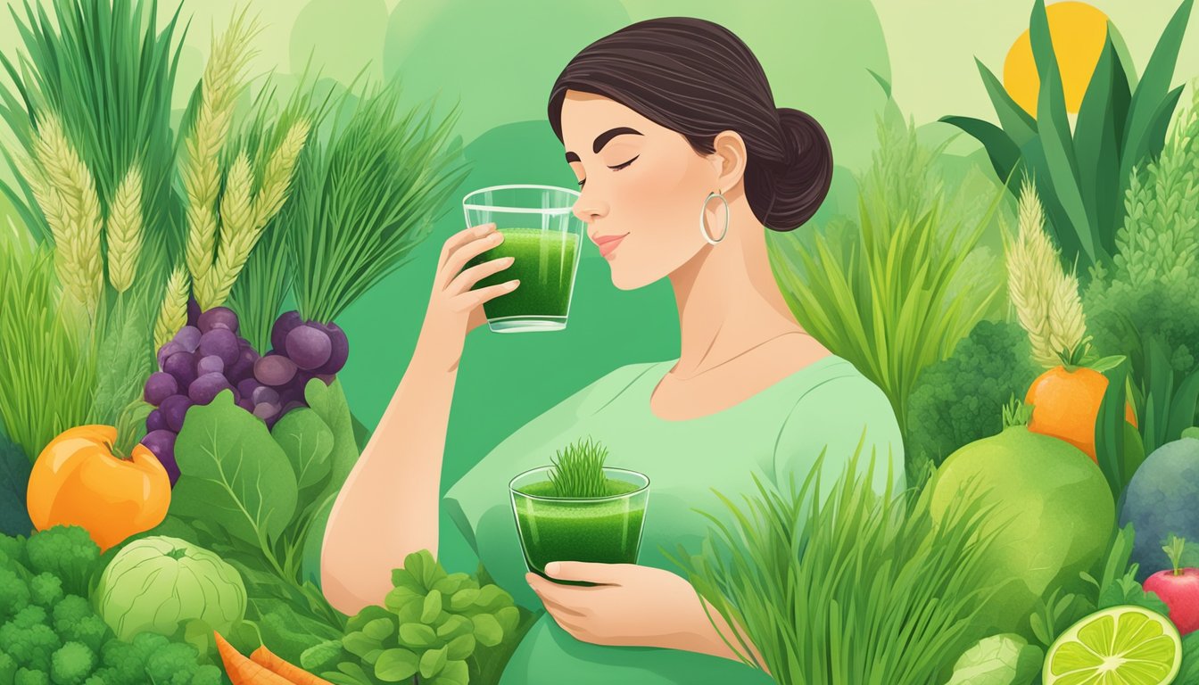 A pregnant woman holding a glass of wheatgrass juice, surrounded by vibrant green wheatgrass plants and healthy fruits and vegetables