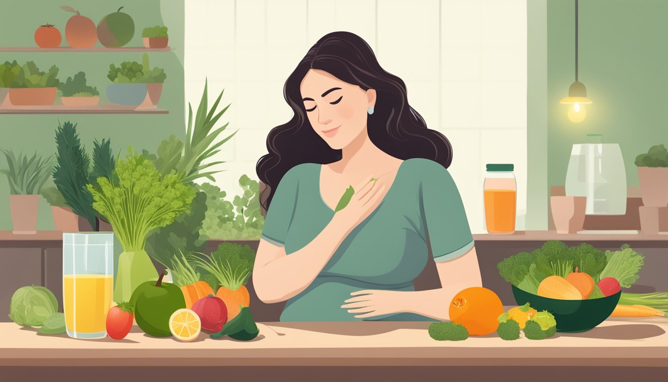 A serene pregnant woman sitting at a table, surrounded by various fruits, vegetables, and a glass of wheatgrass juice