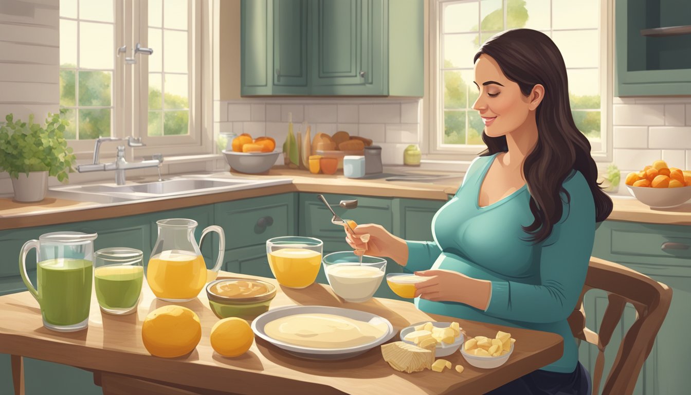 A pregnant woman sitting at a kitchen table, pouring buttermilk into a glass, with various foods and a pregnancy book on the table