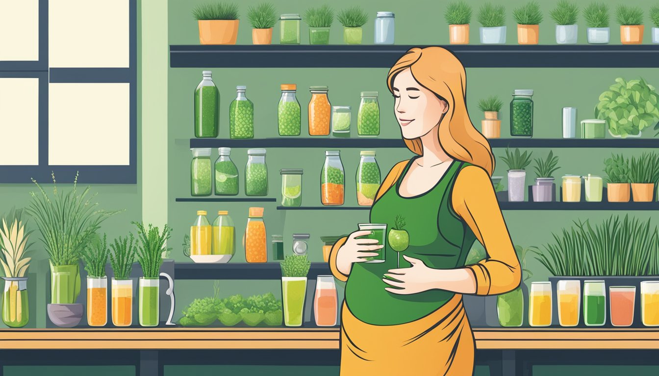 A pregnant woman holding a glass of wheatgrass juice, with a variety of alternative healthy drink options displayed nearby