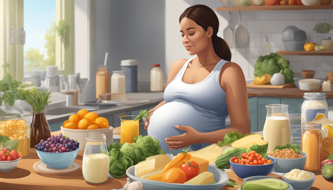 A pregnant woman sitting at a table, surrounded by various food items including buttermilk, fruits, vegetables, and alternative dairy products