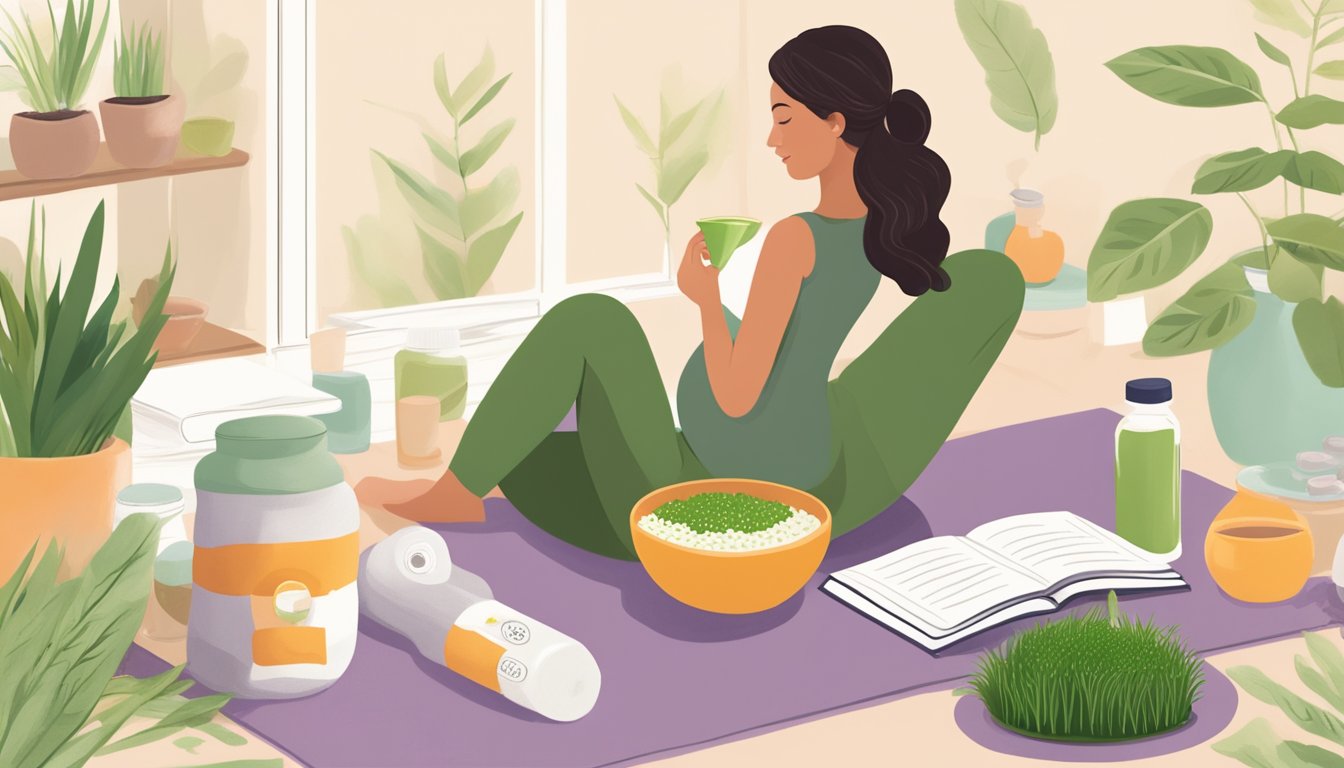 A pregnant woman happily sipping wheatgrass juice while surrounded by prenatal vitamins, a yoga mat, and a healthy pregnancy book