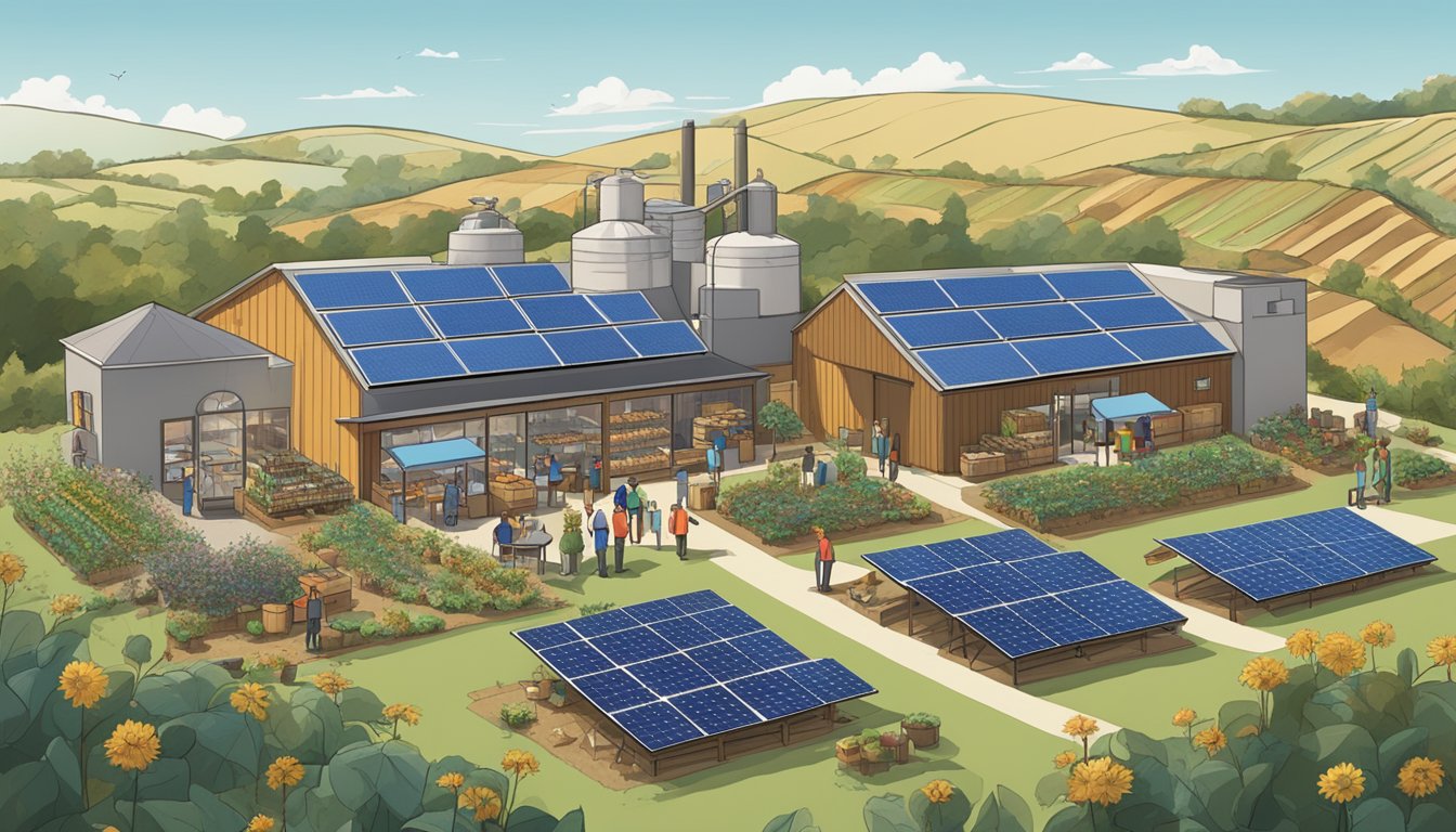 A bustling Texas roastery with solar panels, compost bins, and a community garden, surrounded by rolling hills and a clear blue sky