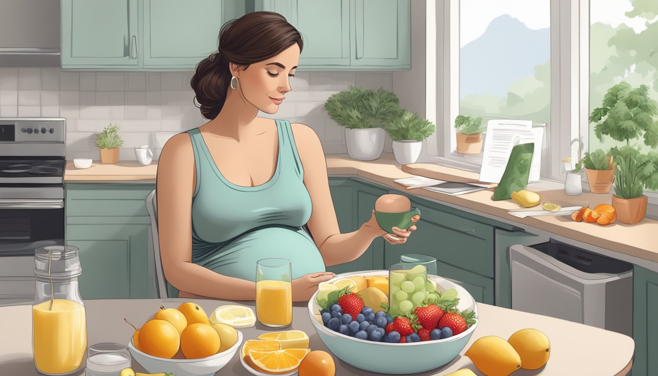 A pregnant woman sitting at a table with a glass of buttermilk and a bowl of fresh fruit, looking at a list of foods to consider during pregnancy