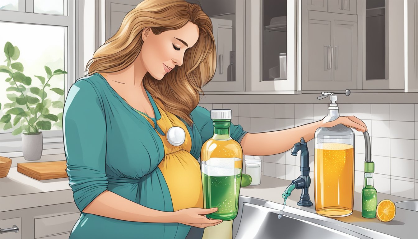 A pregnant woman pouring alcohol down the sink, while holding a bottle of prenatal vitamins