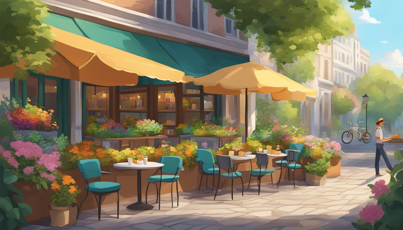 A cozy cafe with outdoor seating, surrounded by lush greenery and colorful flowers. A delivery person drops off a bag of food at the entrance