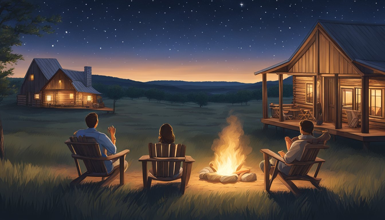 A couple sits by a crackling fire under the starry Texas sky at Wildcatter Ranch, surrounded by rustic cabins and rolling hills