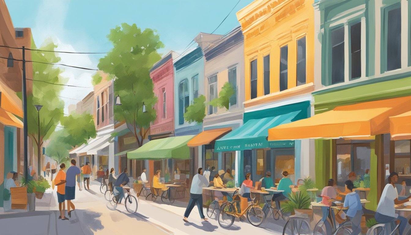 A bustling street in Austin with colorful storefronts, bicycles with delivery bags, and people enjoying outdoor dining at vegetarian restaurants