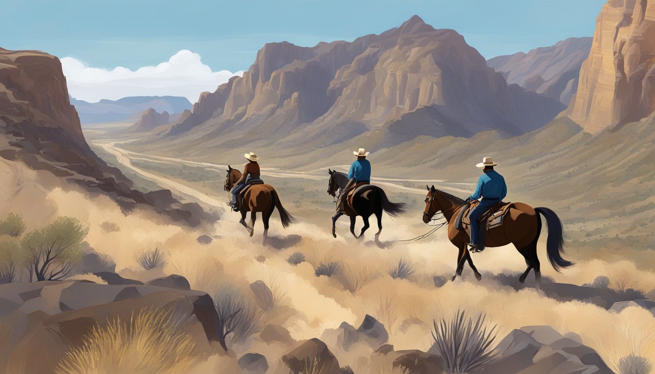 A couple rides horses through the rugged terrain of Big Bend Ranch on Valentine's Day