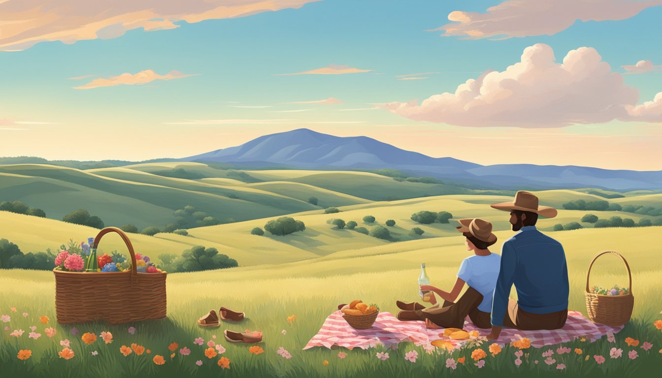 A couple's picnic on a Texas prairie ranch, with rolling hills, wildflowers, and a clear blue sky on Valentine's Day