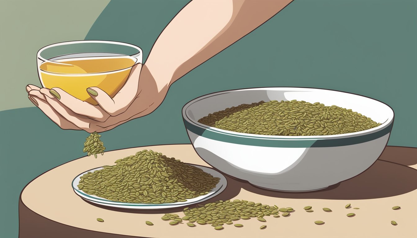 A pregnant woman's hand reaching for a bowl of fennel seeds, with a cup of tea nearby