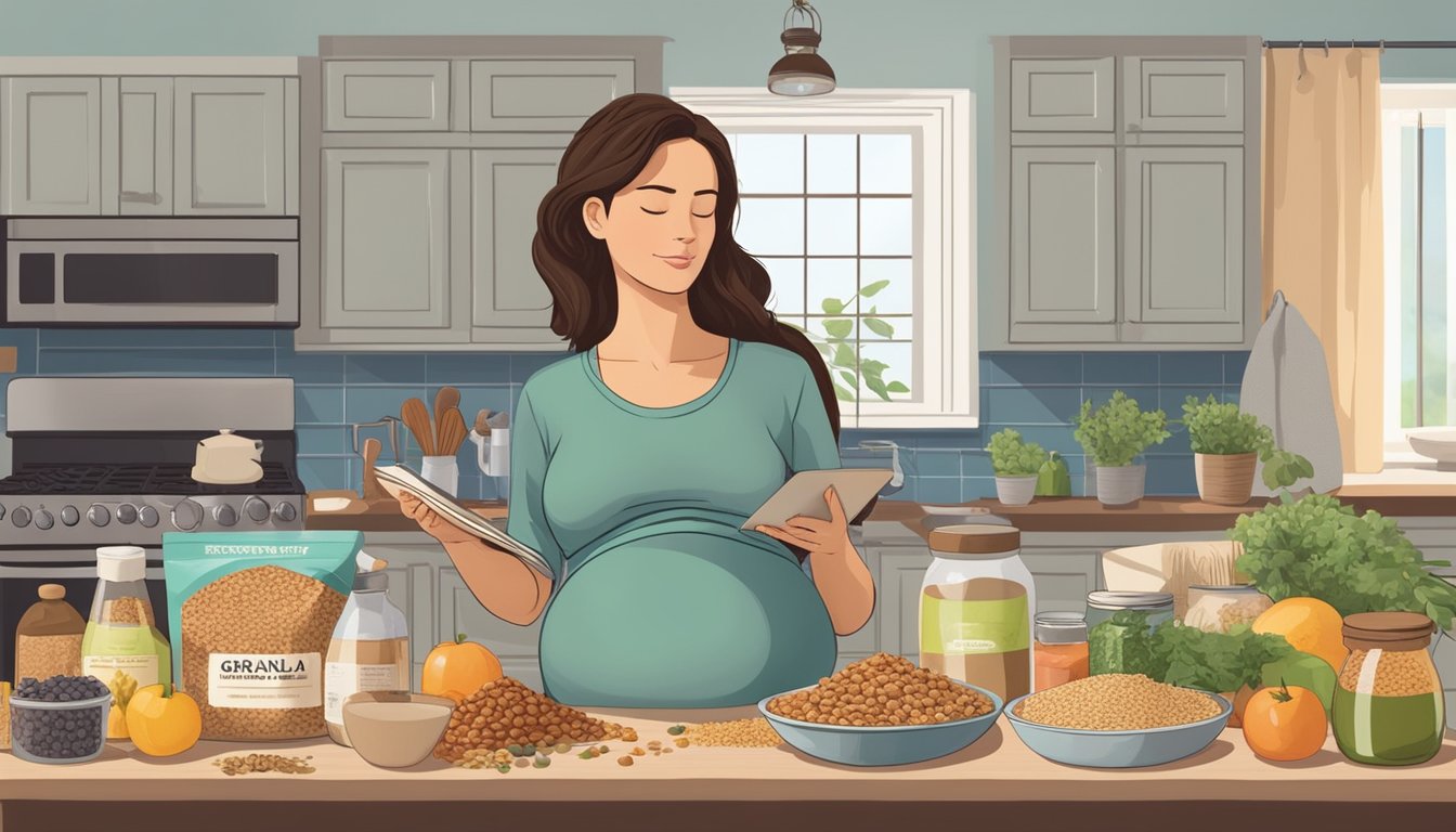 A pregnant woman sits at a kitchen table, surrounded by various ingredients. She examines a bag of granola while reading the label for allergens and food sensitivities