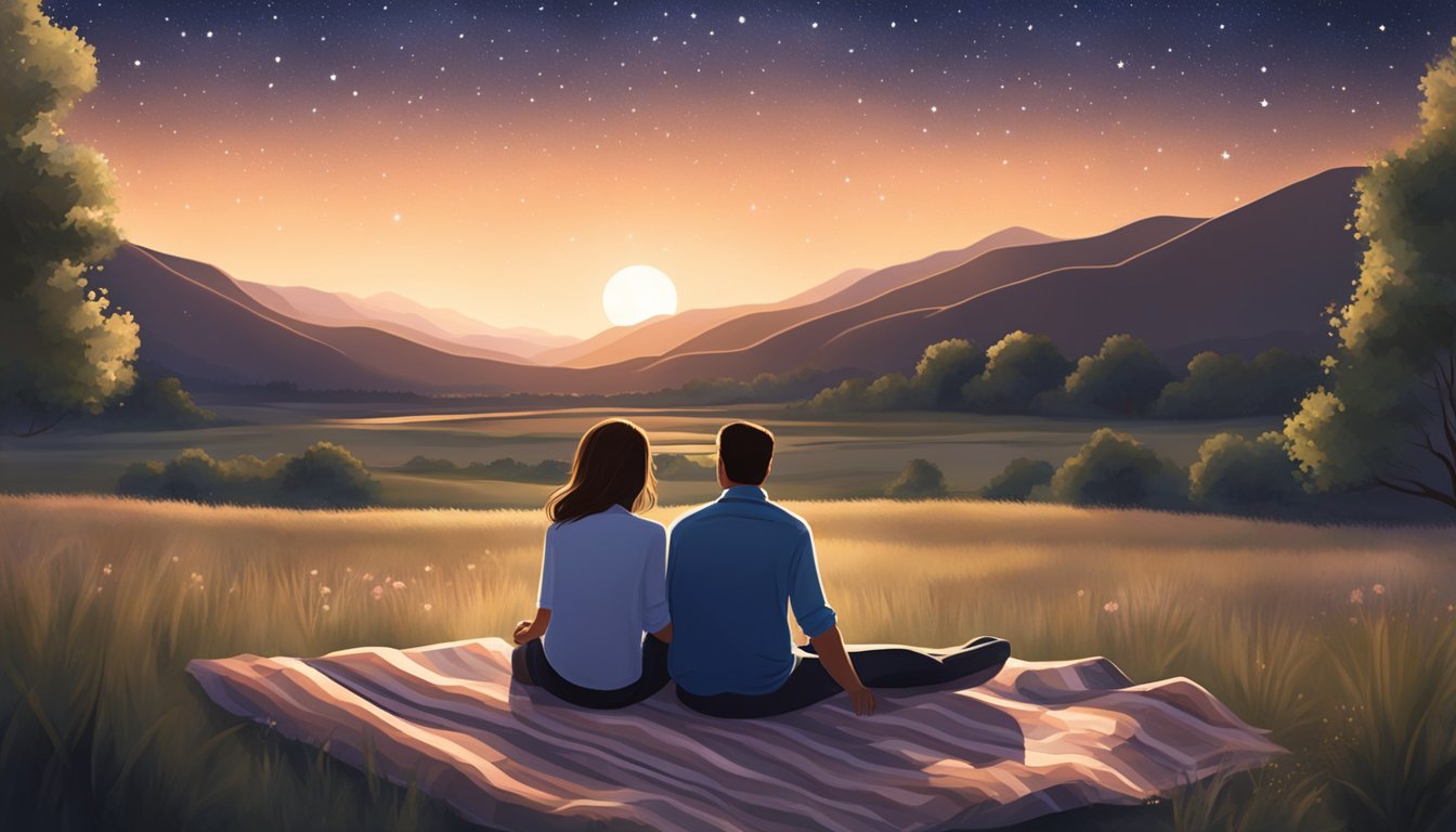 A couple sits on a blanket under a starry sky at Cibolo Creek Ranch, surrounded by the peaceful Texas countryside